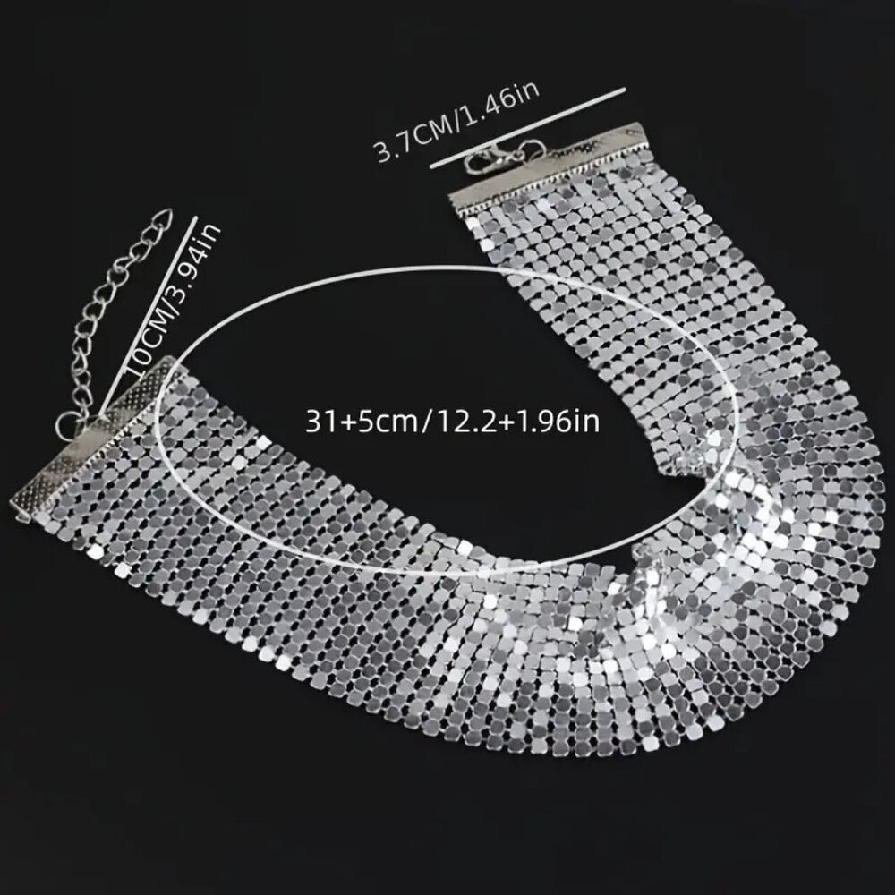 Necklace Choker Collar Mesh Metallic Silver Disco Bold Holloywood Glam Trendy - Picture 4 of 4